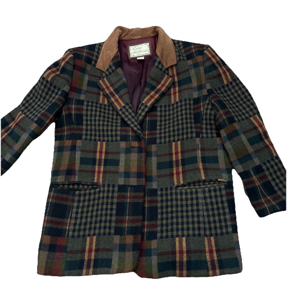Vtg Wool Mix Patchwork Plaid Blazer Jacket Laura Jefferies Patchwork L Old Money